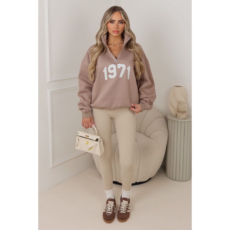 1971 mocha printed 3/4 zip sweater legging set