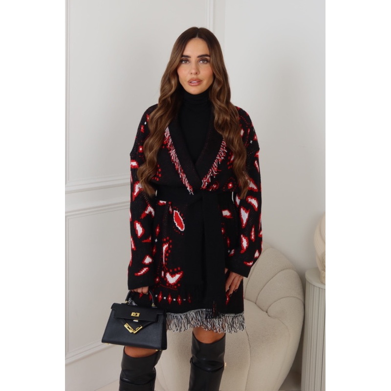 AMORE BLACK PAISLEY FRINGED CARDIGAN
