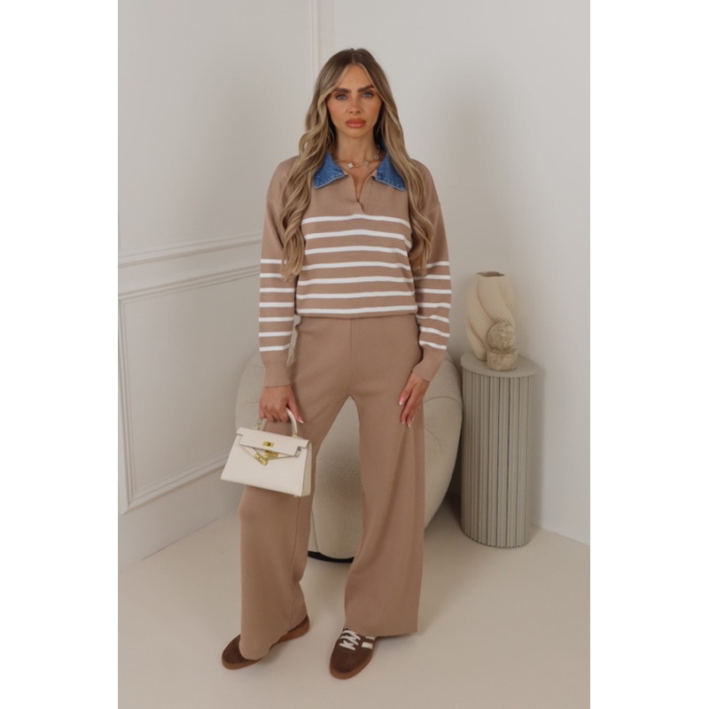 Beryl Beige striped denim collar trouser co-ord
