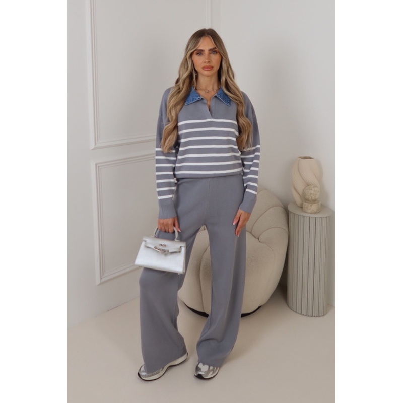 Beryl Grey striped denim collar trouser co-ord
