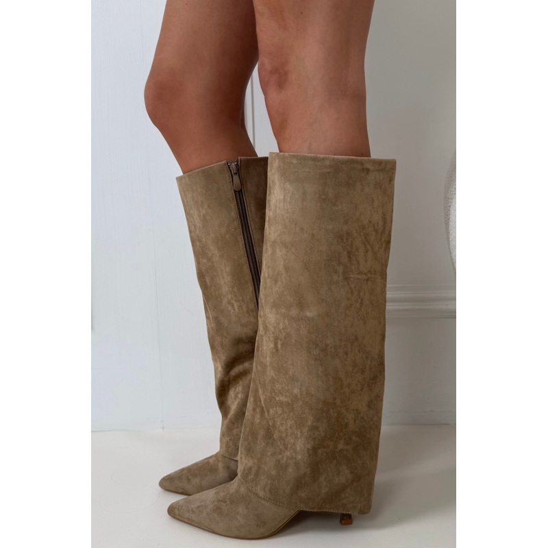 Brooke beige faux suede knee high heeled boots