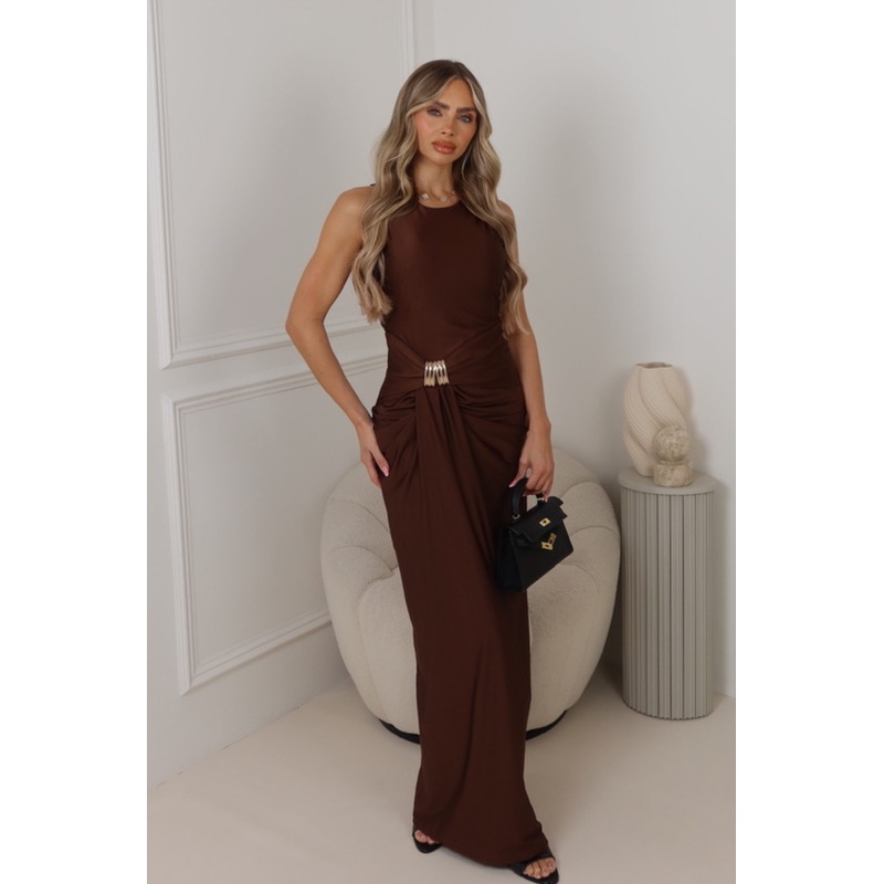Malina chocolate gold buckle draped dress