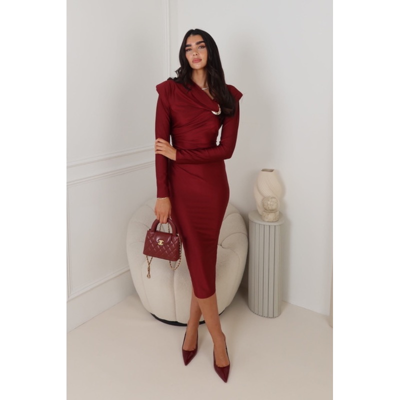 NIA BURGUNDY LONG SHOULDER PADDED DRESS