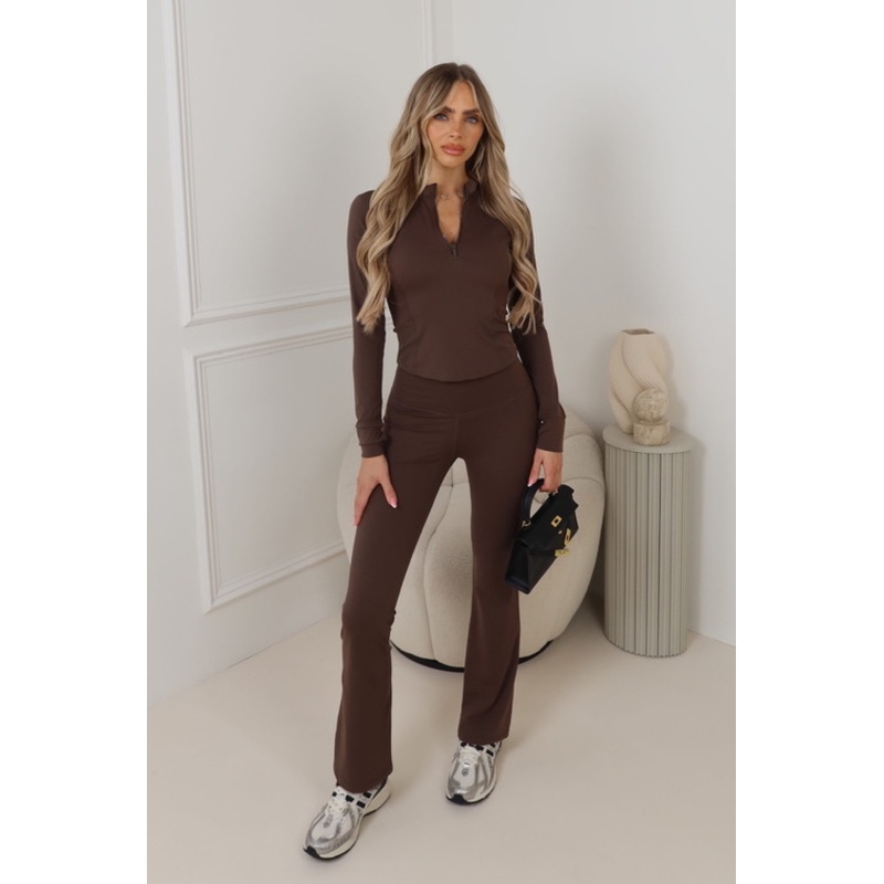 Rowen chocolate half zip and flares activewear set