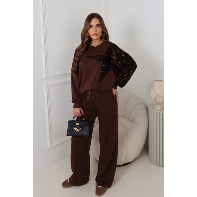 SASKIA CHOCOLATE SEQUIN STAR SWEATSHIRT & TROUSER SET