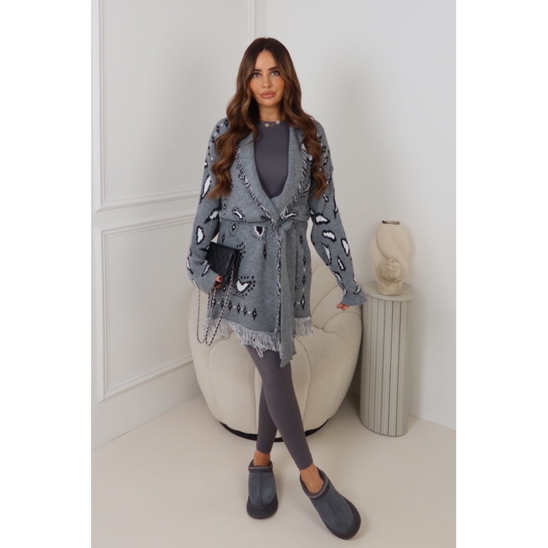 AMORE GREY PAISLEY FRINGED CARDIGAN