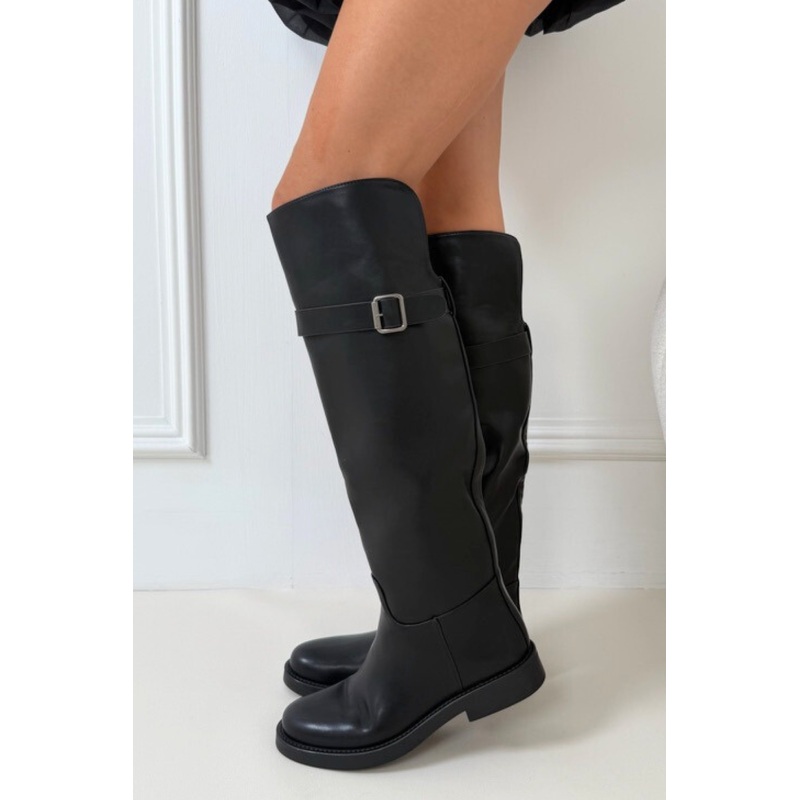 Hailey black knee high buckle flat boots