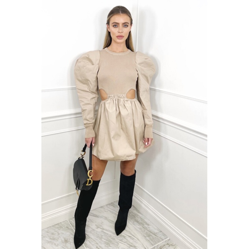 Tyler beige cut out knitted puff sleeve dress