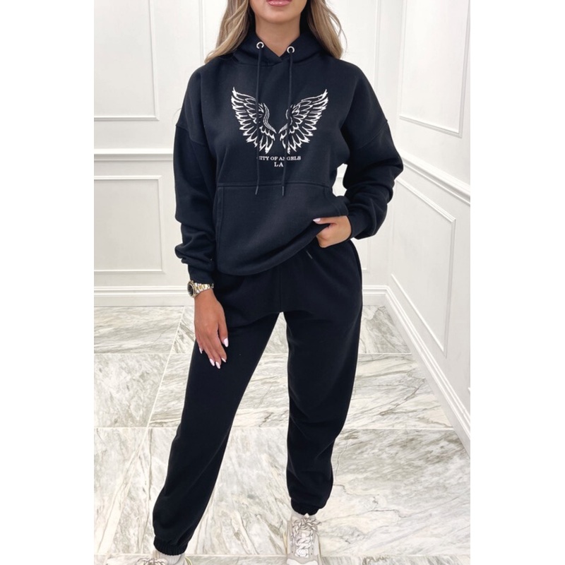city of angels embroidered black hooded loungewear set