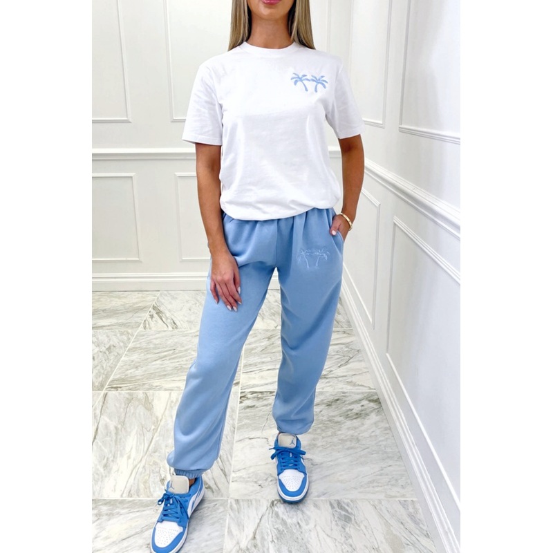 Palm Trees baby blue embroidered jogger co ord