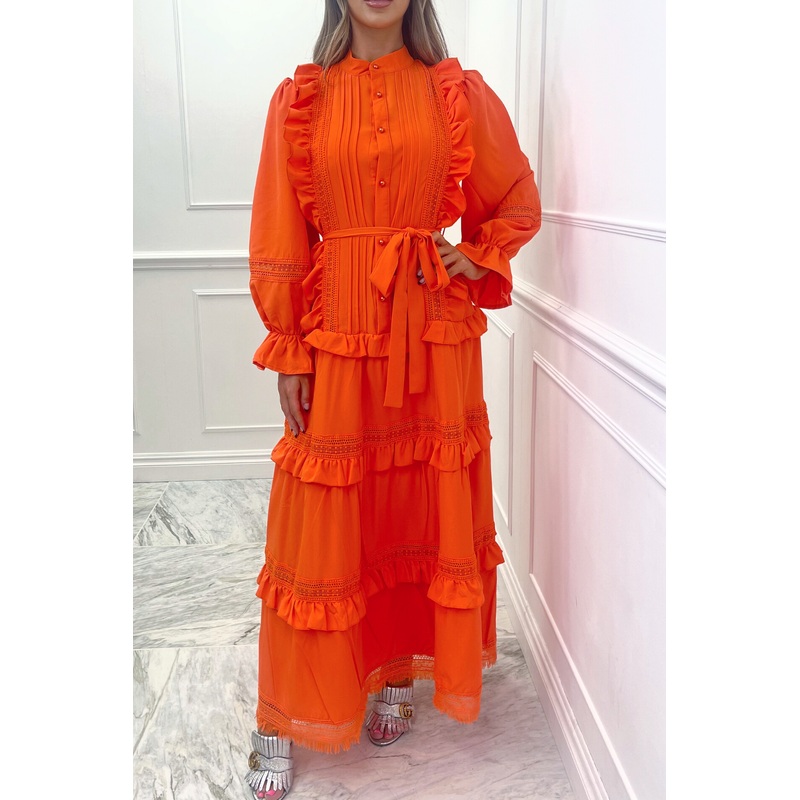 summer orange frill crotchet 2 piece tie waist maxi dress