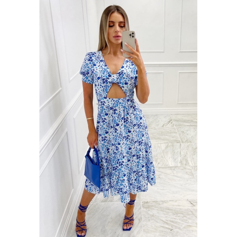 Honey blue floral cut out tiered maxi dress