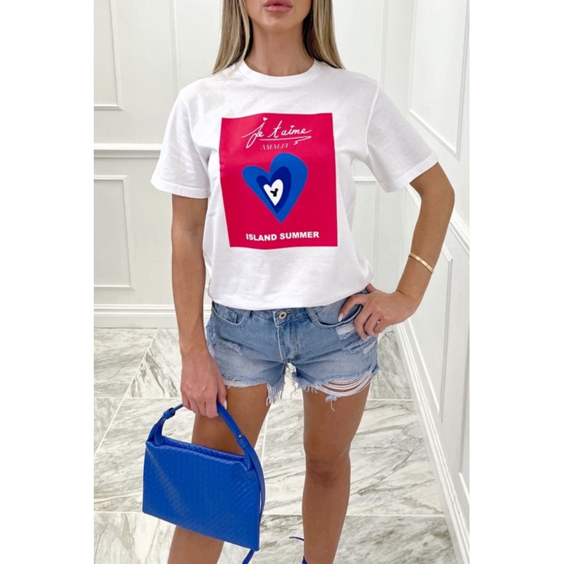 Island summer fuchsia printed white tee