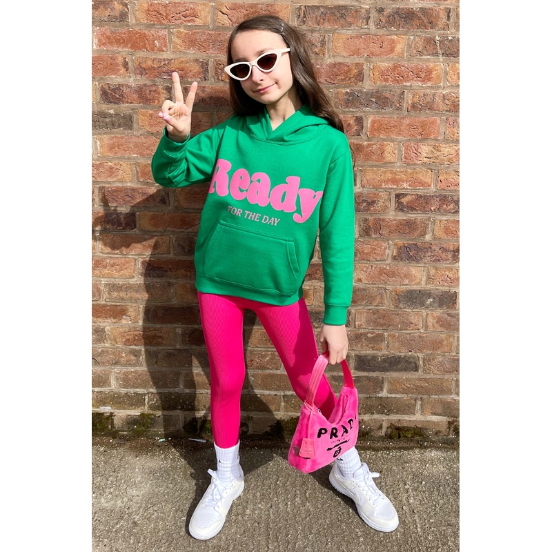 Mini ready for the day green printed kids hoodie