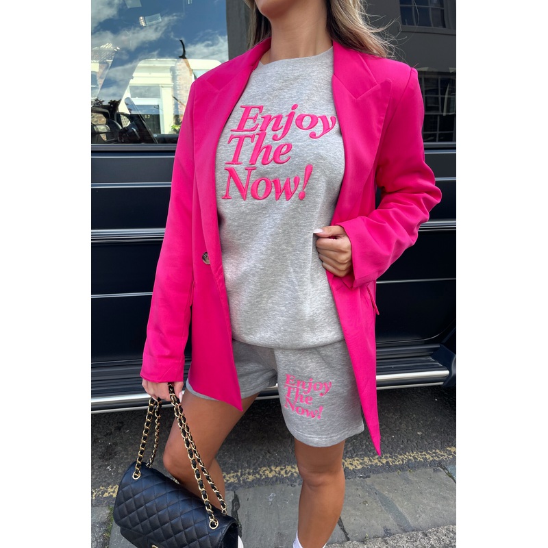 enjoy the now grey embroidered sweater short loungewear set