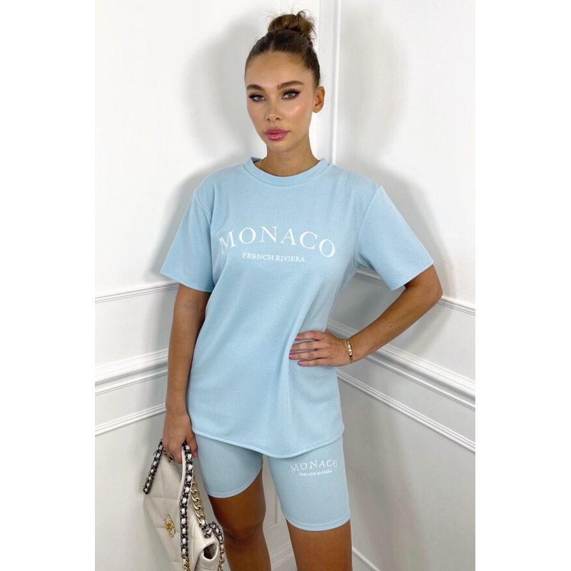 Monaco baby blue embroidered ribbed cycling short coord