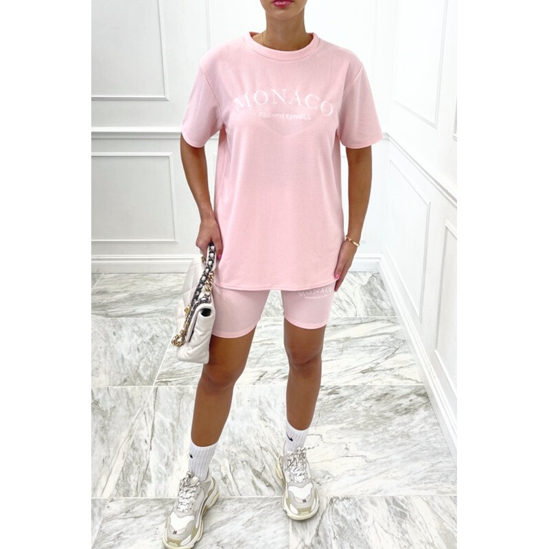 Monaco baby pink embroidered ribbed cycling short coord