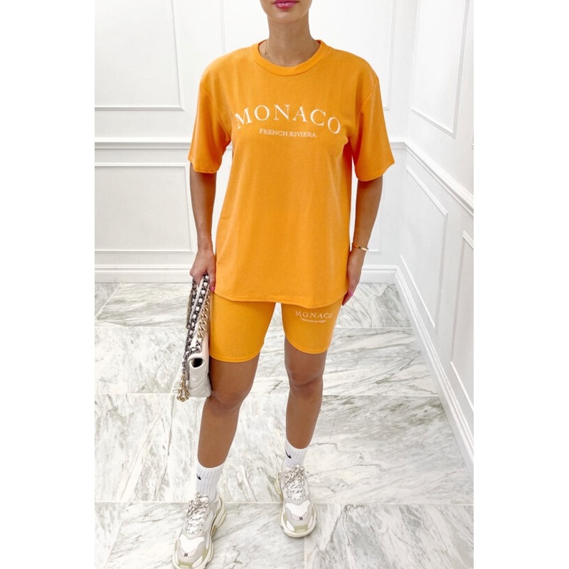 Monaco orange embroidered ribbed cycling short coord