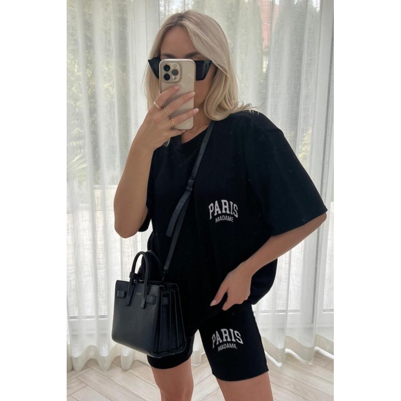 Paris madame Black embroidered ribbed cycling short coord