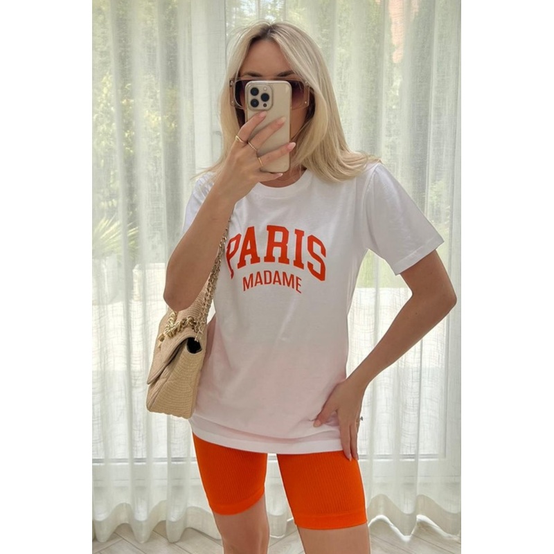paris madame Orange & white  printed white tee