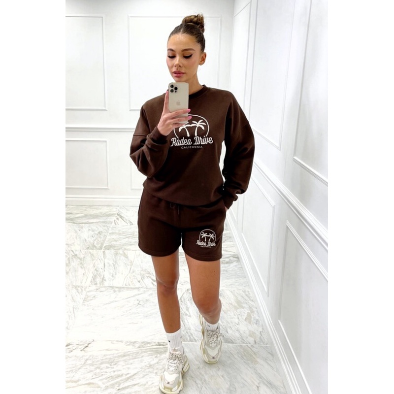 rodeo drive chocolate embroidered sweater short loungewear set