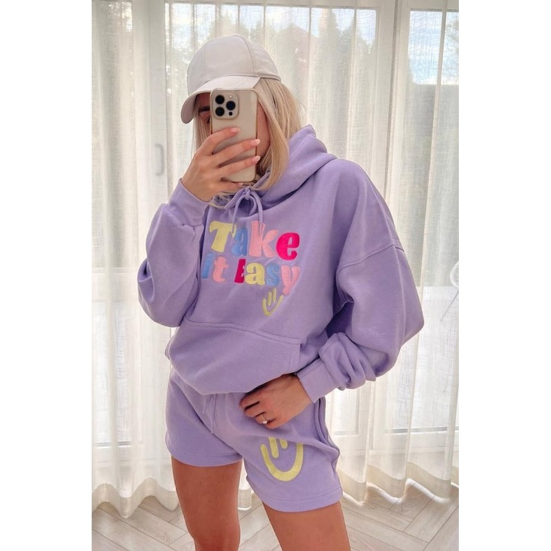take it easy lilac embroidered hooded short loungewear set