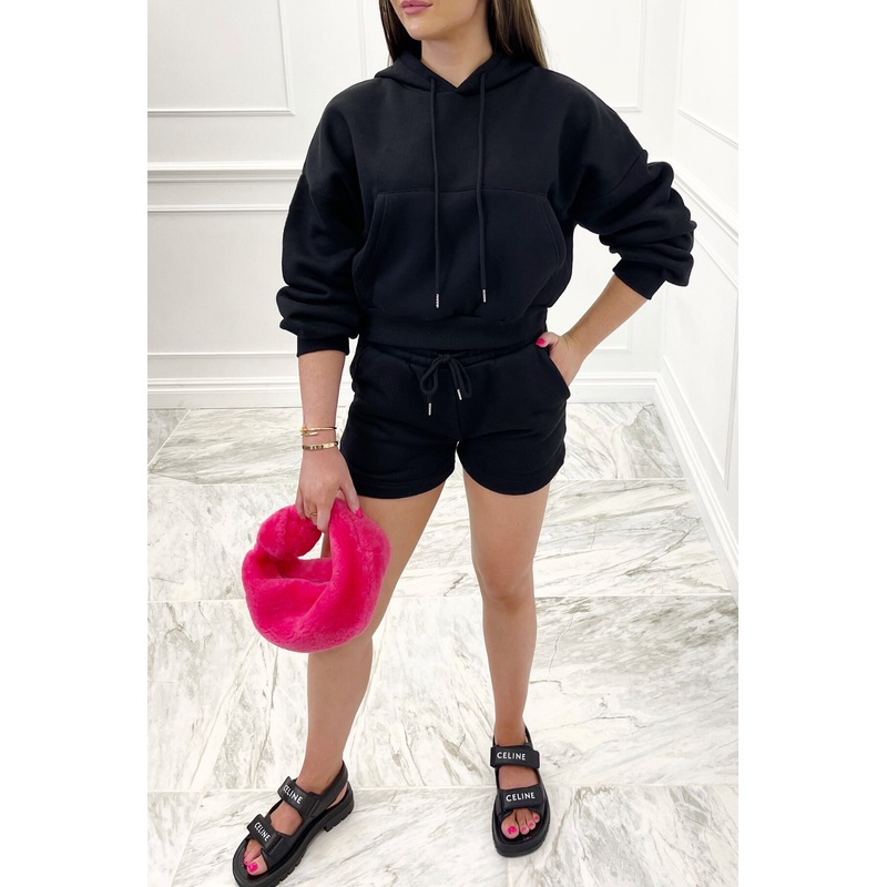 Rhea black cropped hooded short loungewear set