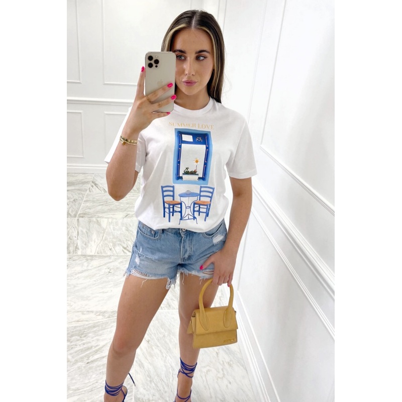 summer love blue & white printed white tee