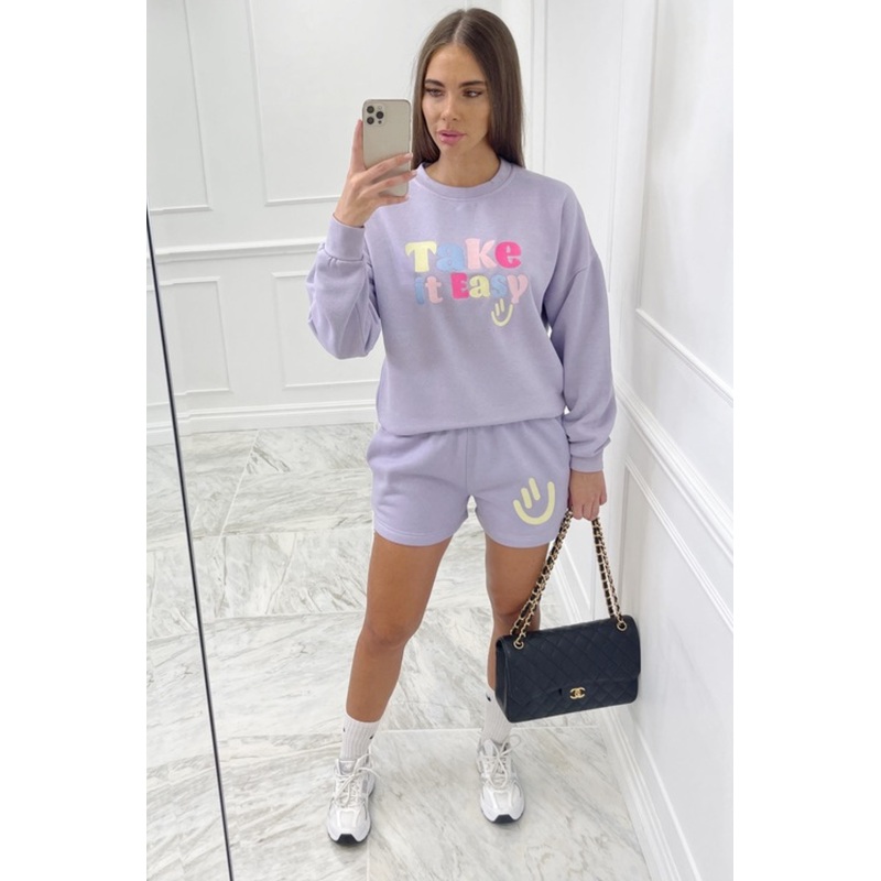 take it easy lilac embroidered sweater short loungewear set