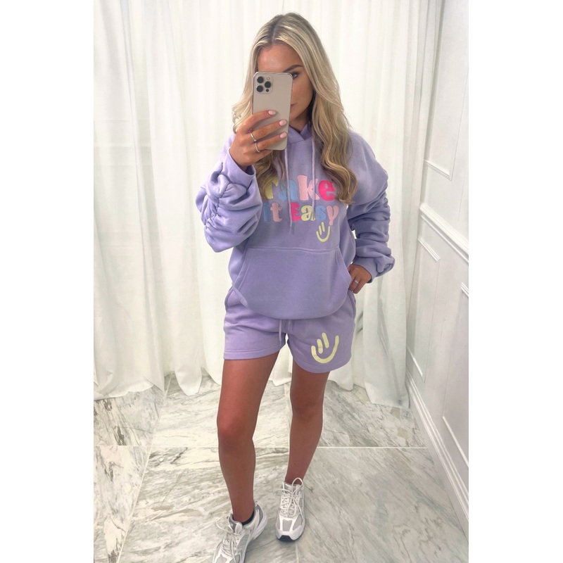 take it easy lilac ruched hooded short loungewear set