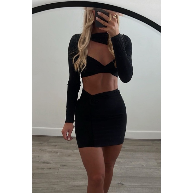 Teya black crop cut out skirt coord