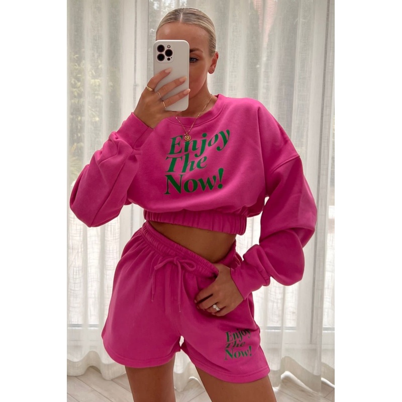 Enjoy the now pink & green cropped  short loungewear set