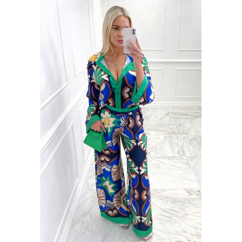 Orla green & blue satin shirt flared trouser co ord