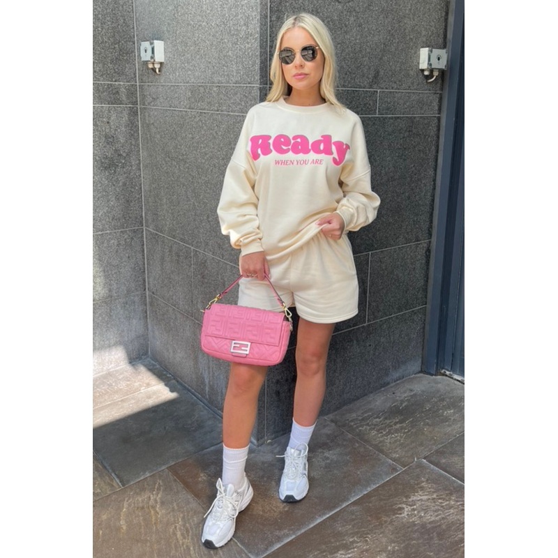 ready when you are pink & ecru sweater short loungewear set