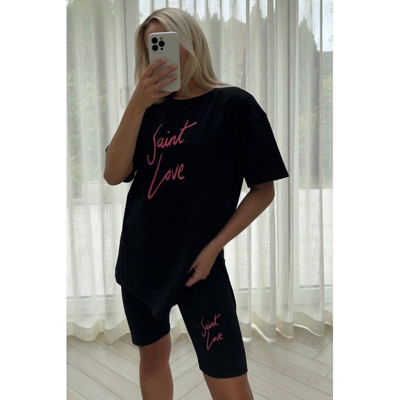 Saint love black & pink embroidered cycling short coord