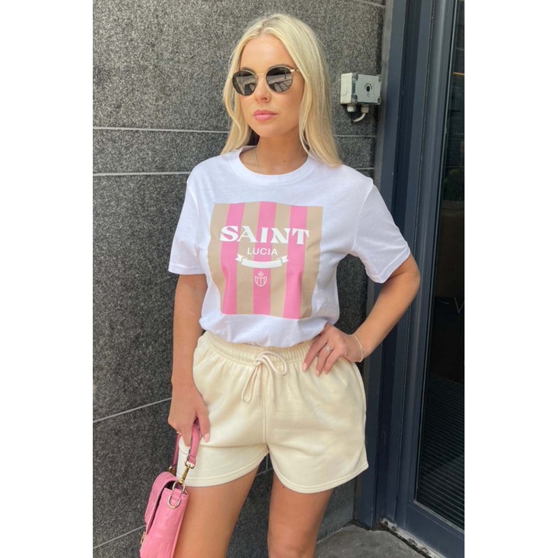 saint lucia white & stone print tee short co ord