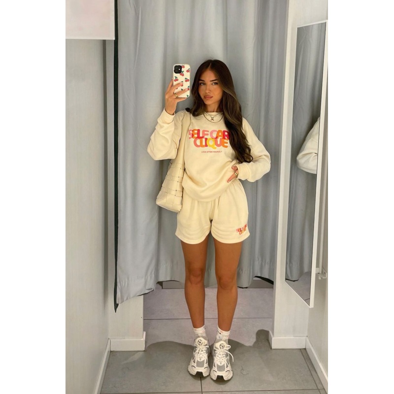 Self Care ecru printed sweater short loungewear set
