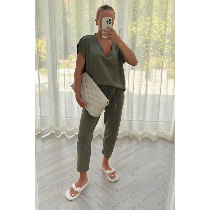 STELLA khaki V Neck Loungewear Set