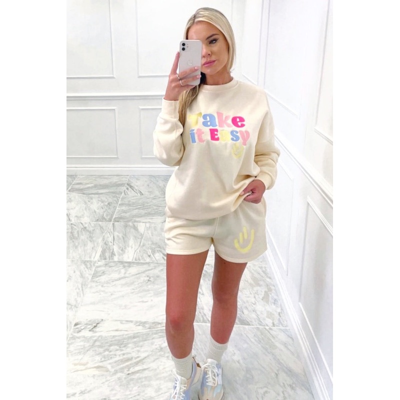 take it easy ecru sweater short loungewear set