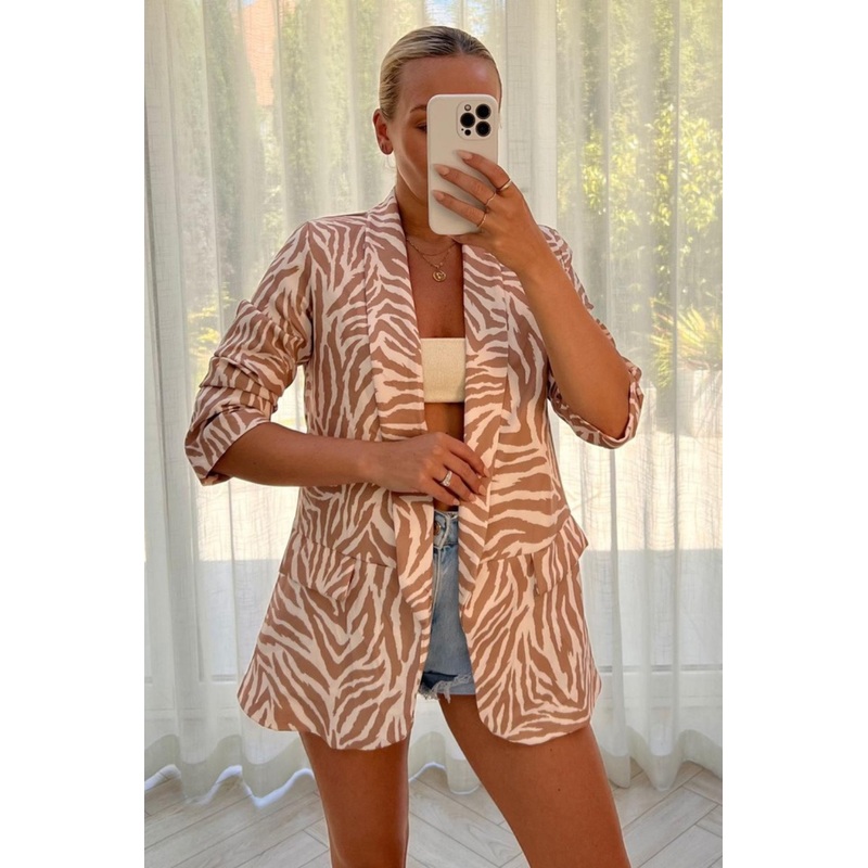 Kiaya Beige & cream zebra print ruched sleeve blazer