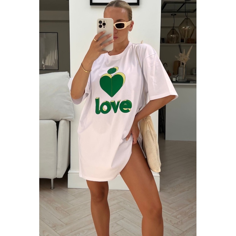 Love heart green & white printed T-shirt dress