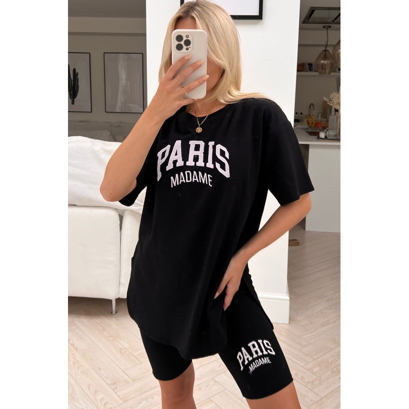 Paris madame black & white embroidered cycling short coord