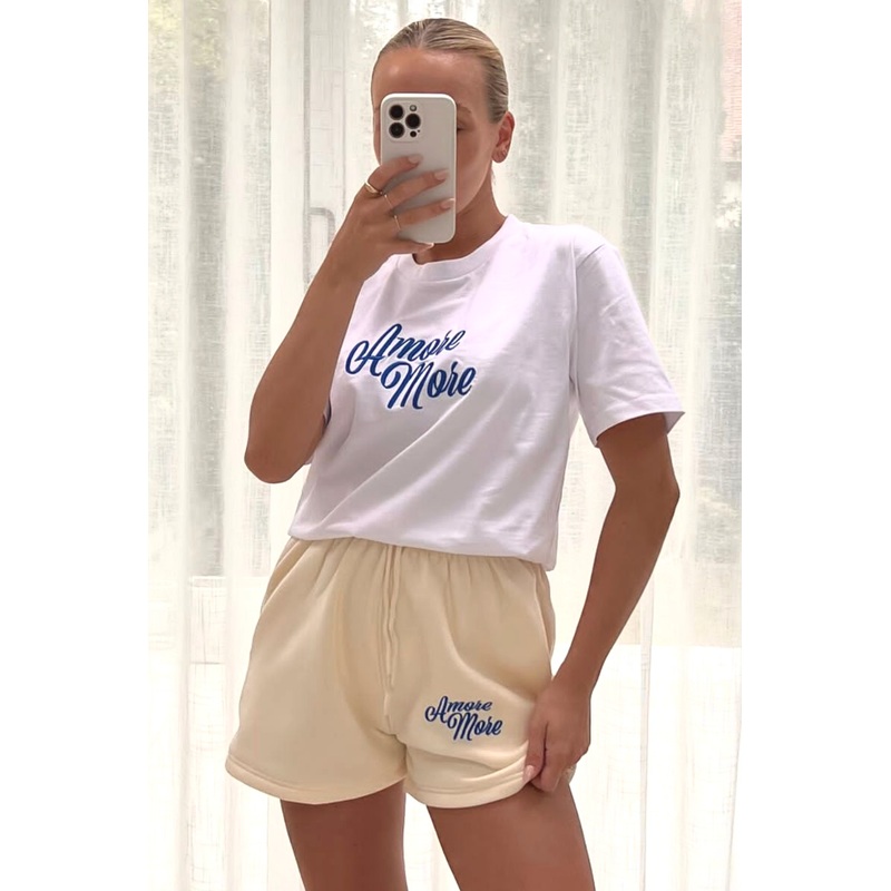amore more blue & ecru embroidered short tee co-ord
