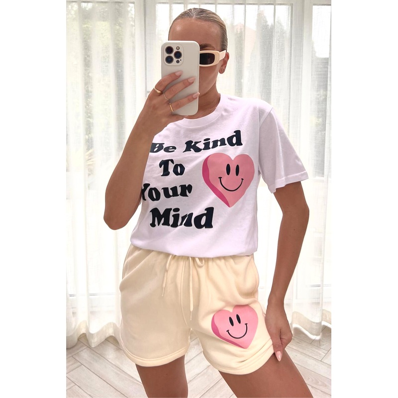 be kind to your mind ecru & white  printed short tee co-ord