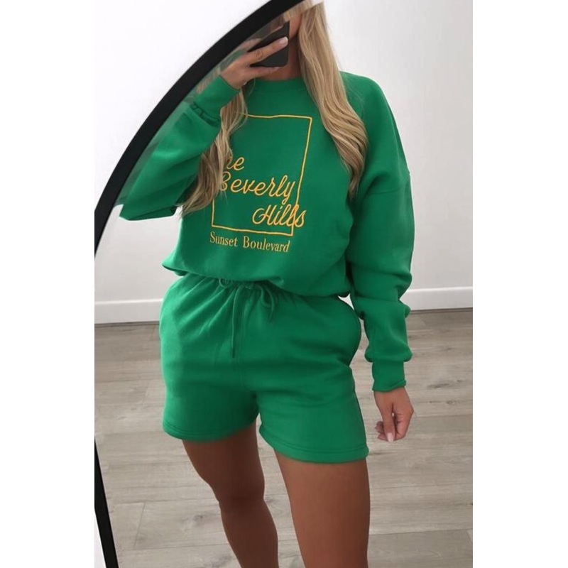 Beverly hills green embroidered sweater short co ord