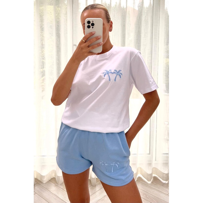 palm tree light blue embroidered short tee co-ord