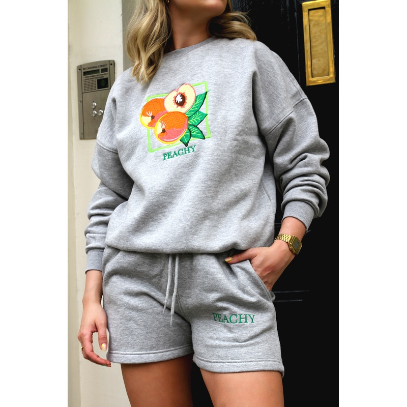 Peachy grey embroidered sweater short coord