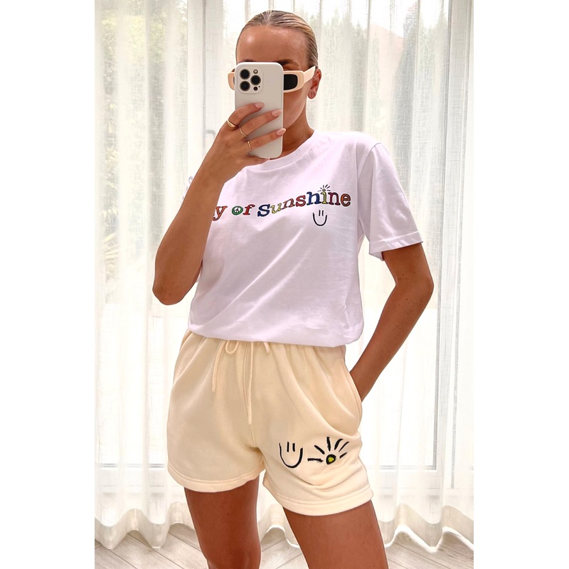 ray of sunshine ecru & white  printed short tee co-ord