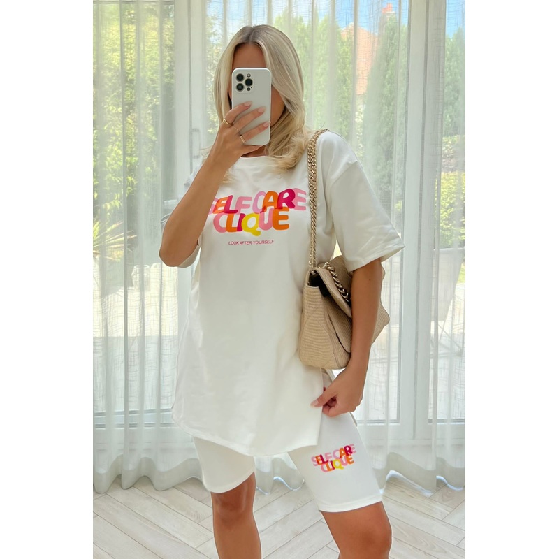 Self care clique cream printed cycling short coord