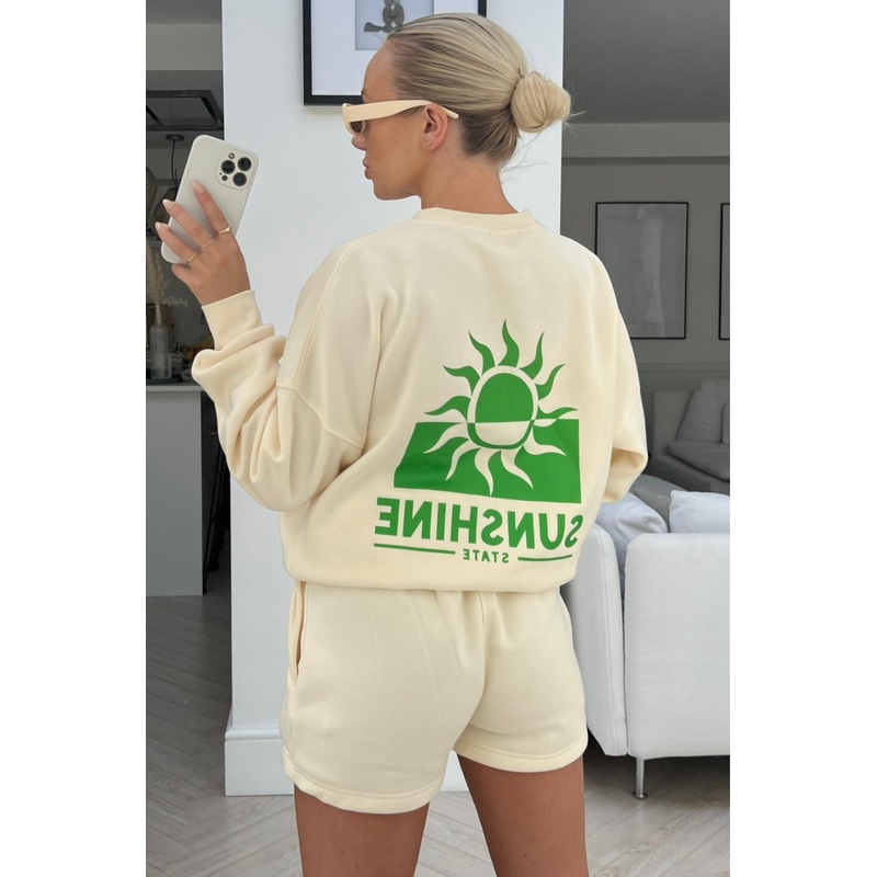 Sunshine ecru back print sweater short co ord